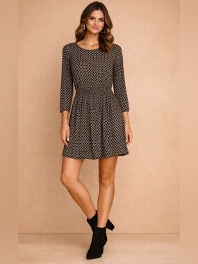 H&M Geometric Print Long Sleeve Dress Brown Black Smocked Waist Size 2